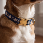 A close-up of a dog wearing a navy blue collar with white snowflake embroidery, gold star accents, and a gold-tone buckle and ring.