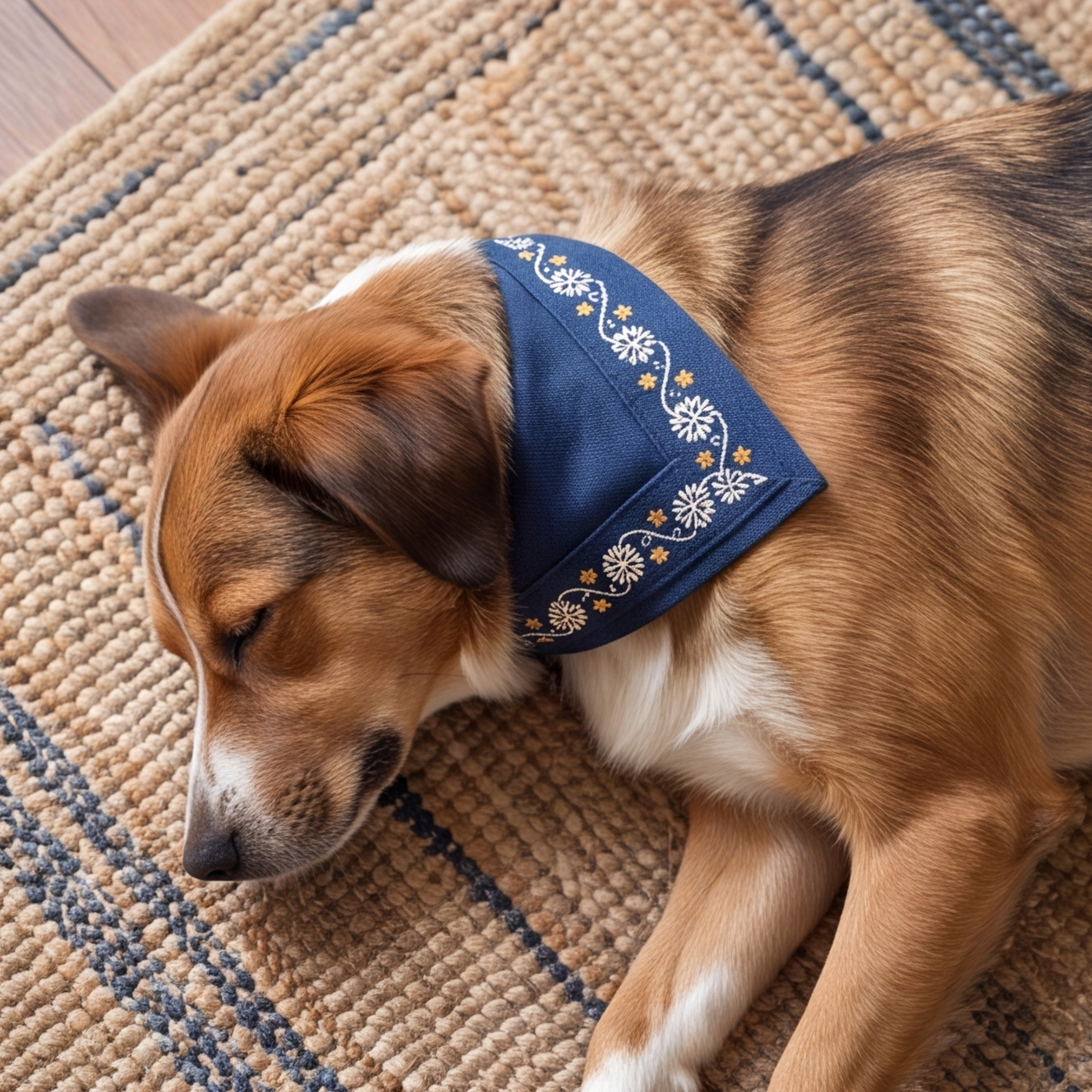 A brown and white dog lying on a woven rug, wearing a navy blue bandana with white snowflake embroidery and small gold star accents.