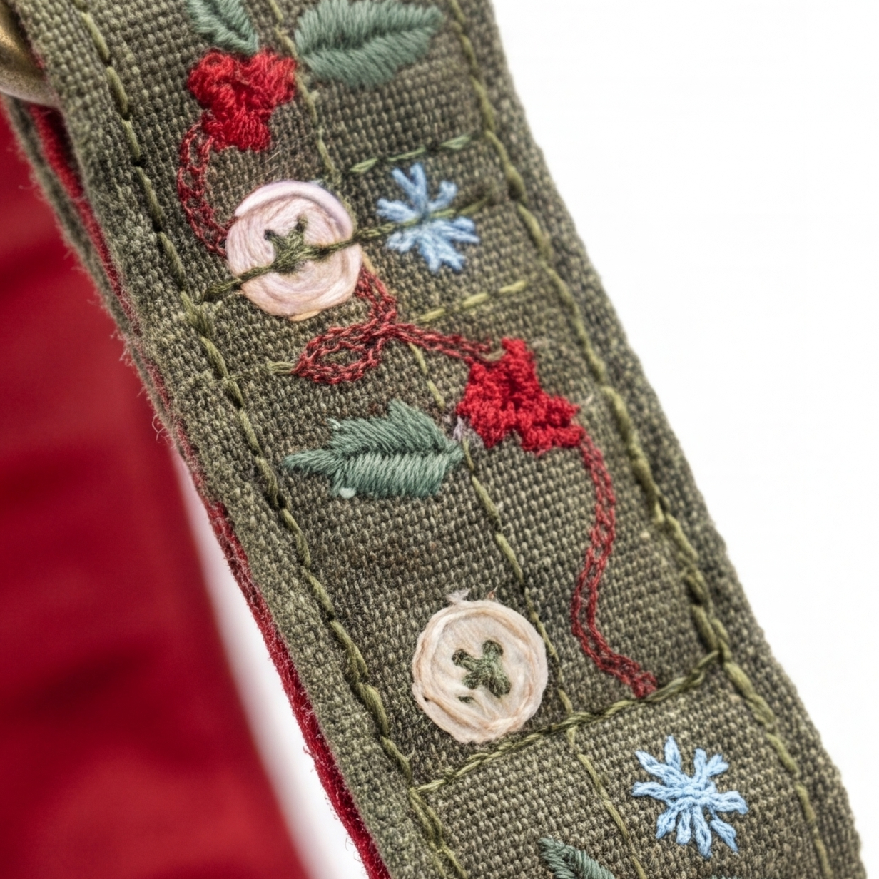 Close-up of an olive green embroidered fabric strap or trim featuring red floral motifs, green leaves, light blue snowflake-like stitches, and two round beige buttons with green centers, set against a white background with a red fabric edge visible on the left.