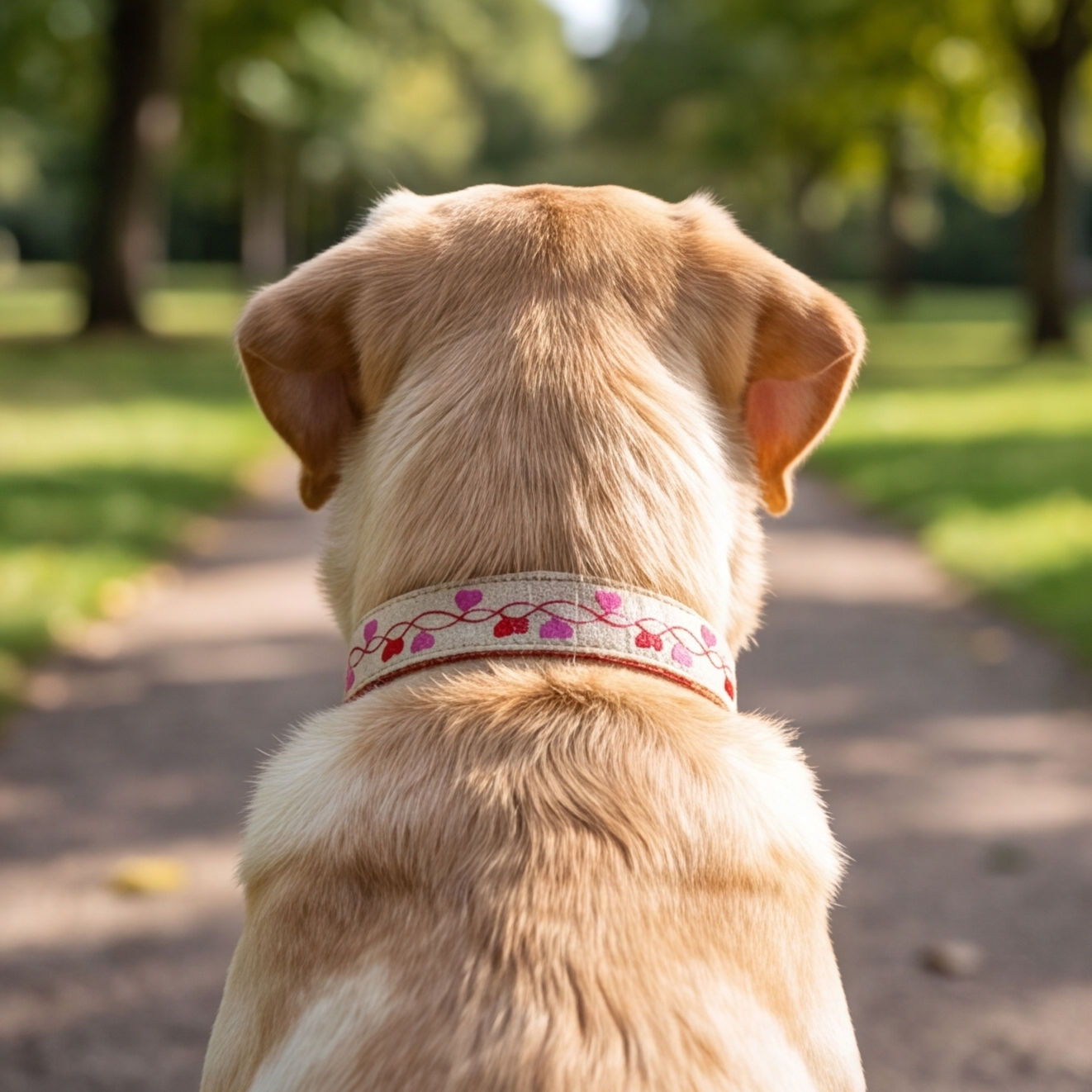 A golden retriever dog viewed from behind, wearing a cream-colored collar decorated with pink hearts and a red floral vine pattern, set against a blurred park background.