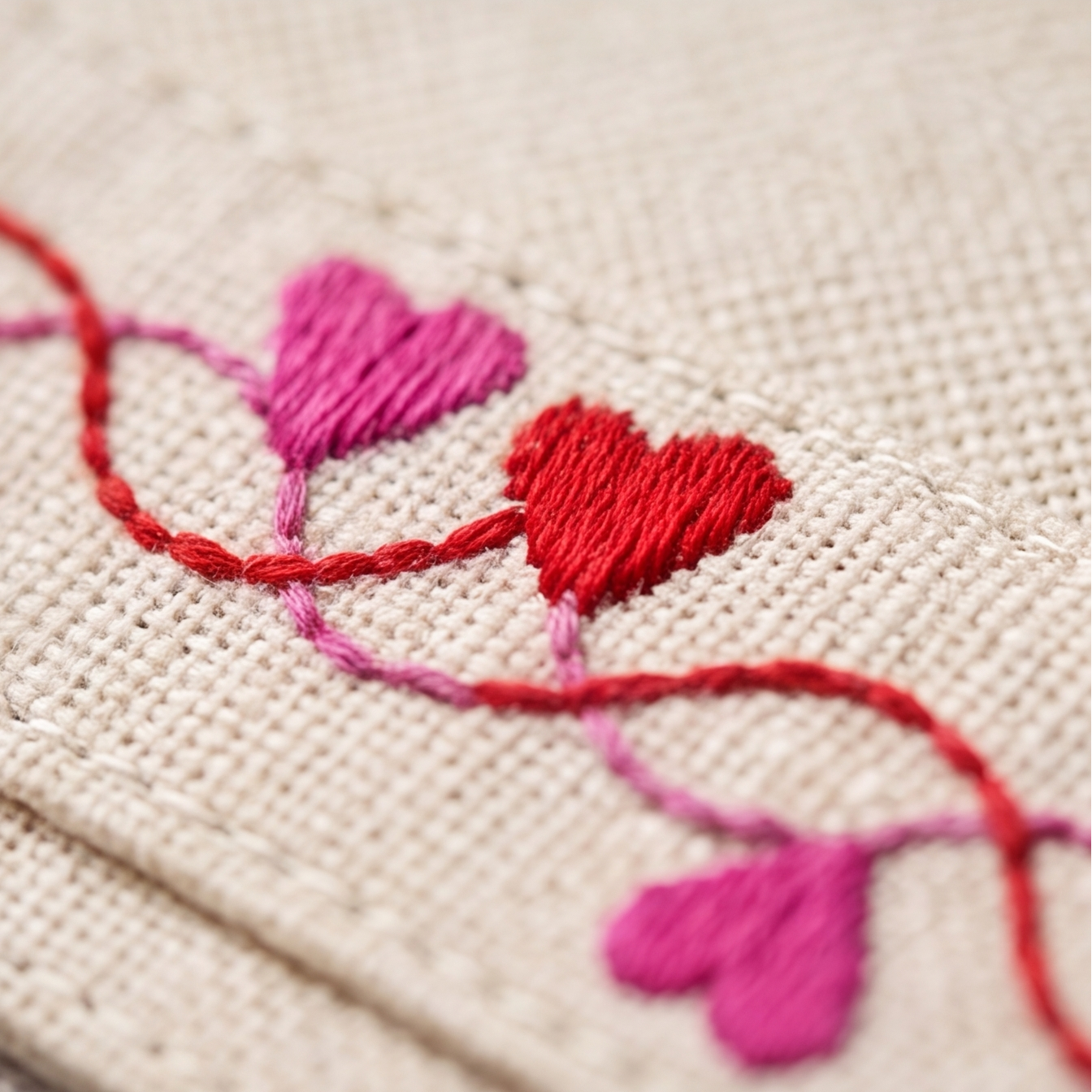 Close-up of a beige woven fabric with embroidered hearts in red, pink, and red thread.