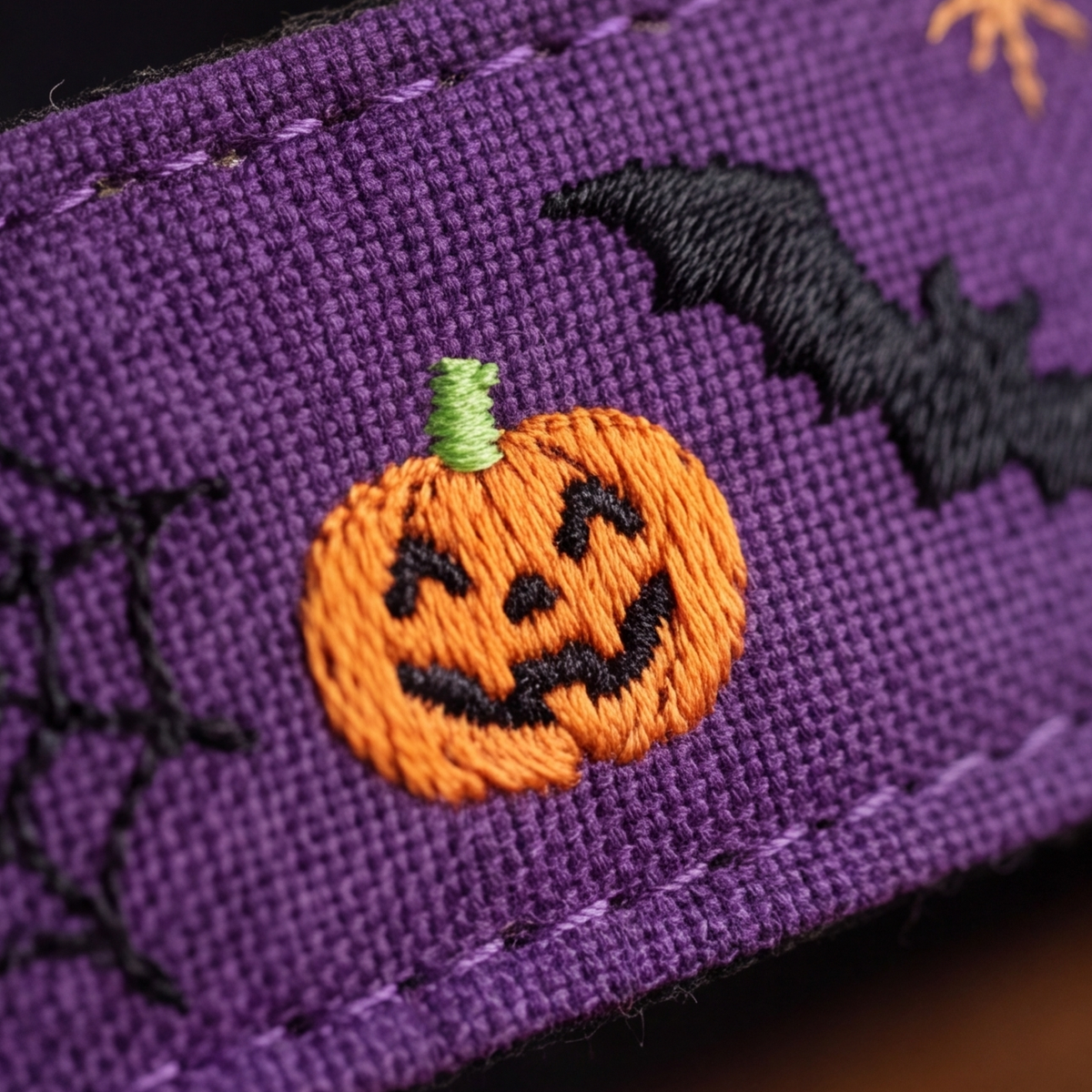 Close-up of a purple embroidered fabric featuring a jack-o'-lantern pumpkin, black bat, spiderweb, and orange spider detail.