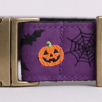 A close-up of a purple woven strap with a gold-tone buckle, featuring embroidered Halloween motifs including a jack-o'-lantern, black bats, and a spiderweb.