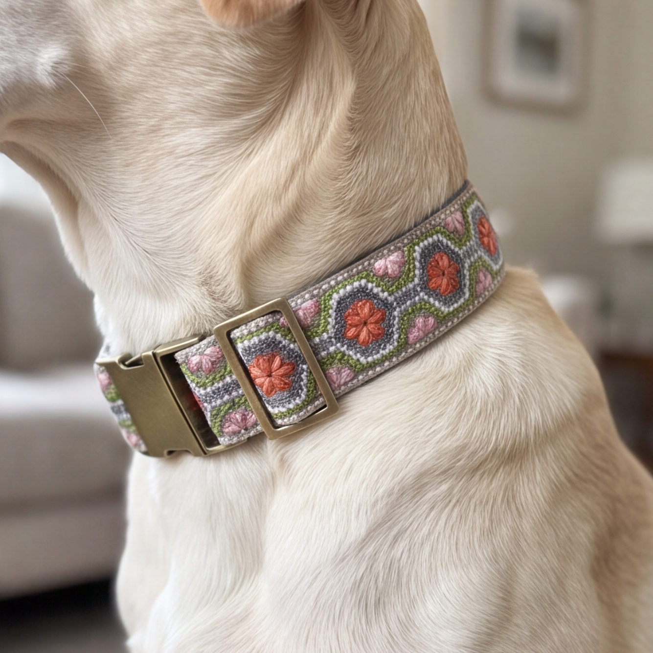 A close-up of a cream-colored dog wearing a decorative woven dog collar with a geometric floral pattern in pink, orange, green, and gray, featuring a brass buckle.