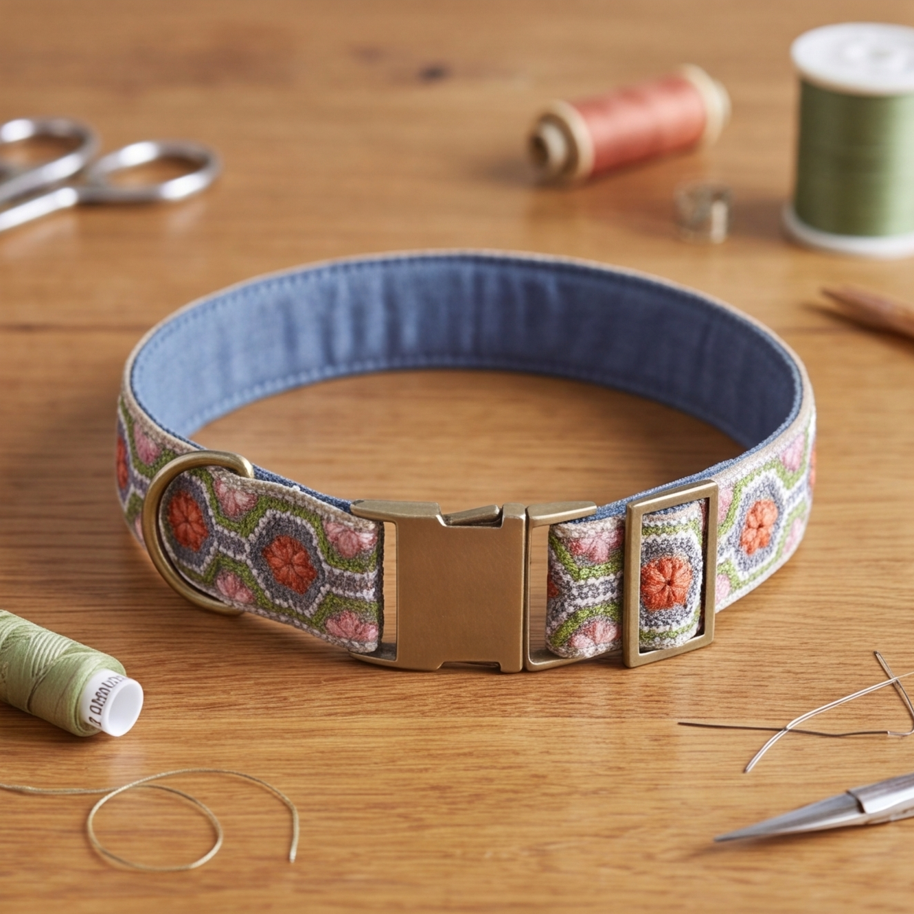 A handcrafted collar with a colorful embroidered geometric pattern and brass hardware, displayed on a wooden table with sewing tools in the background.