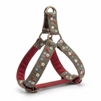 A dog harness with a green floral patterned exterior and a deep red fabric lining, featuring brass metal rings and adjusters.
