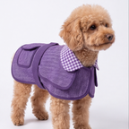 A small tan dog wearing a purple textured pet saddle blanket with a purple-and-white gingham collar, photographed on a clean white studio background.