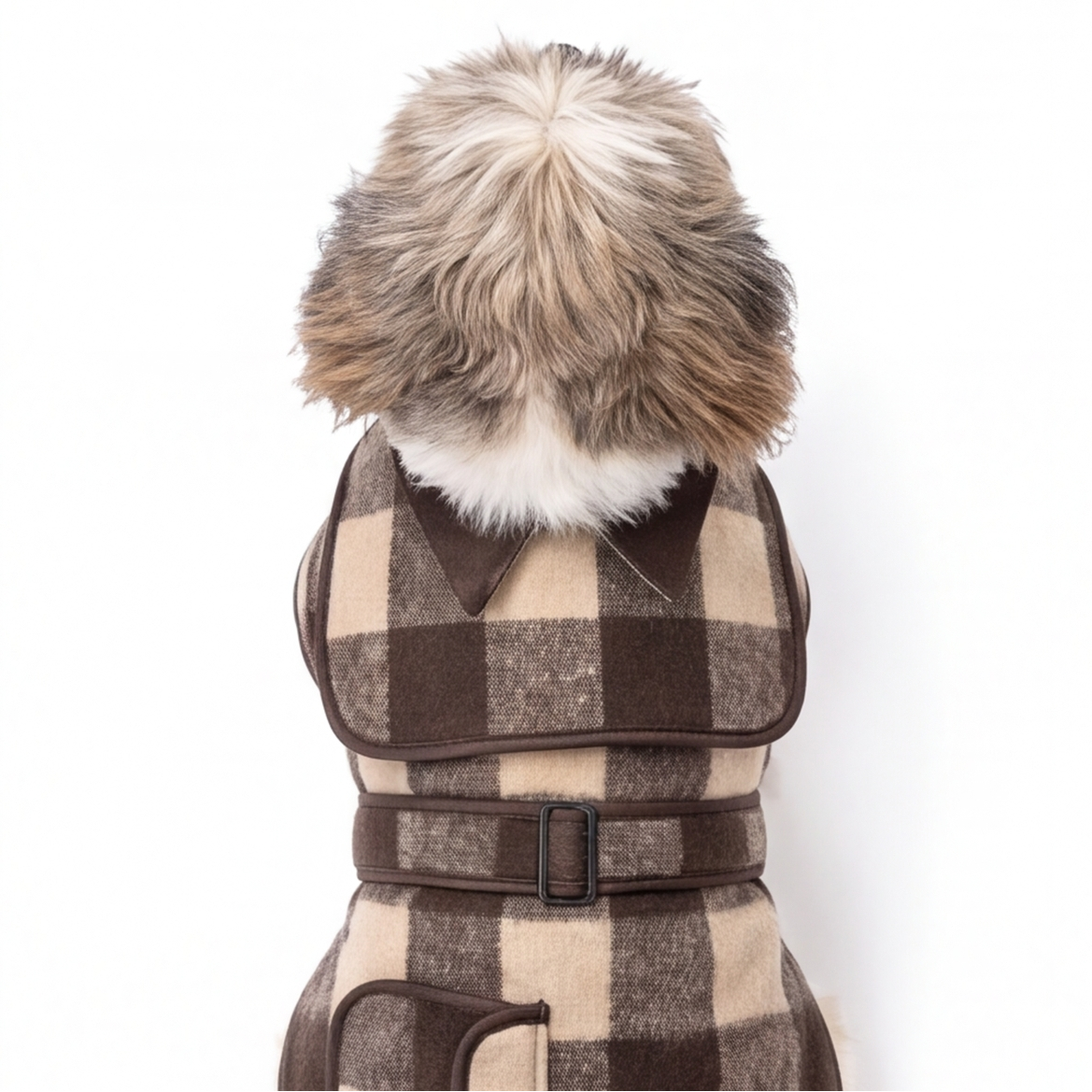 A small dog wearing a brown and beige buffalo plaid wool pet coat with a matching belt and buckle, shown from a top-down view on a white background.