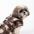 A small fluffy dog wearing a brown and beige buffalo plaid pet coat vest, photographed against a clean white studio background.