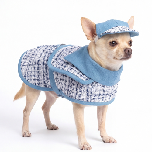 A small tan dog wearing a blue and white tweed pet coat with a matching blue cap, photographed on a clean white studio background.