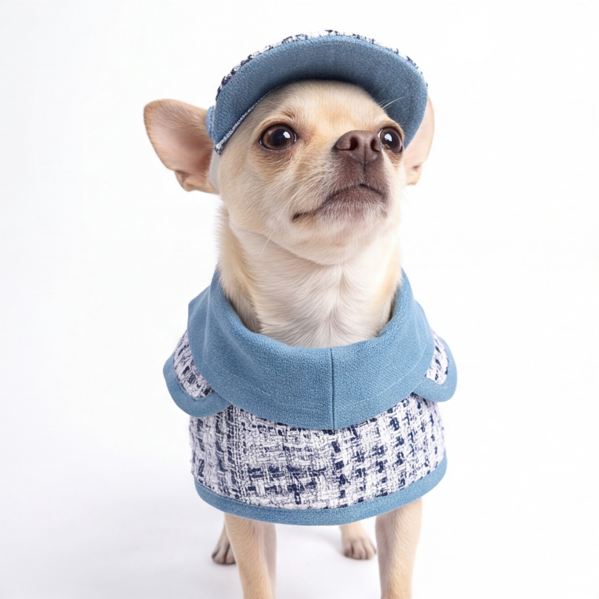 A small light-colored dog wearing a blue tweed pet outfit with a matching blue hat, photographed against a plain white studio background.