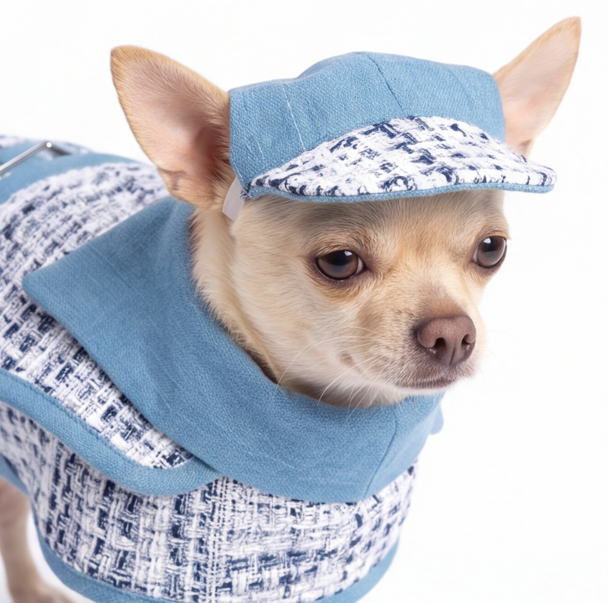 A small tan dog wearing a light blue and white tweed pet outfit with a matching flat cap, photographed against a clean white background.