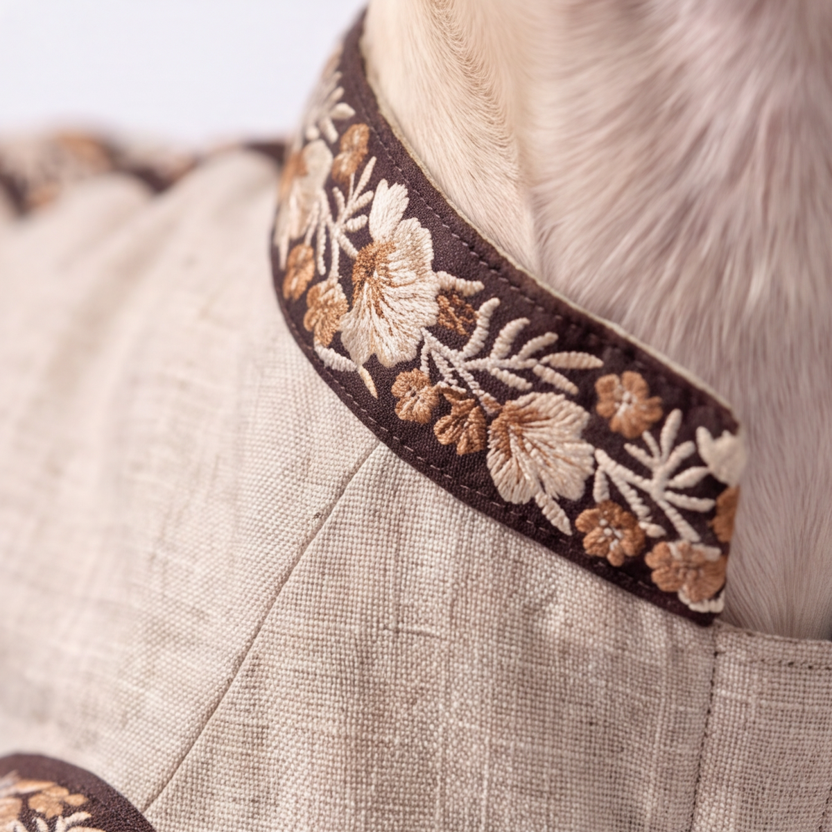 Close-up of a beige textured pet coat or jacket with a wide embroidered collar trim in brown, cream, and tan floral embroidery, shown on a light cream-colored dog.