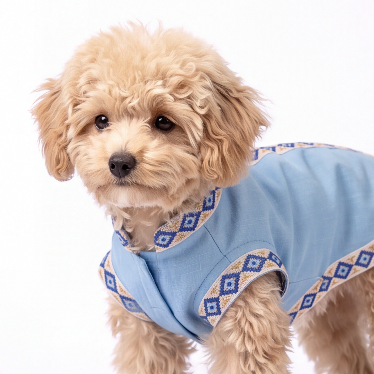 A small fluffy tan dog wearing a light blue pet sweater with a blue and beige geometric patterned trim, photographed against a solid white background.