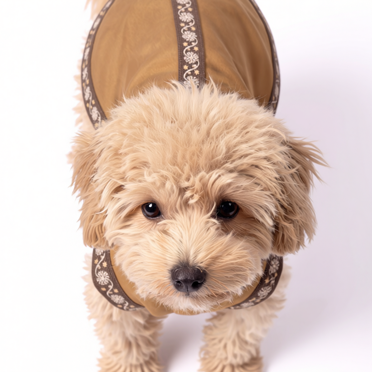 A small fluffy cream-colored dog wearing a tan and brown harness-style pet garment with decorative trim, photographed against a clean white studio background.