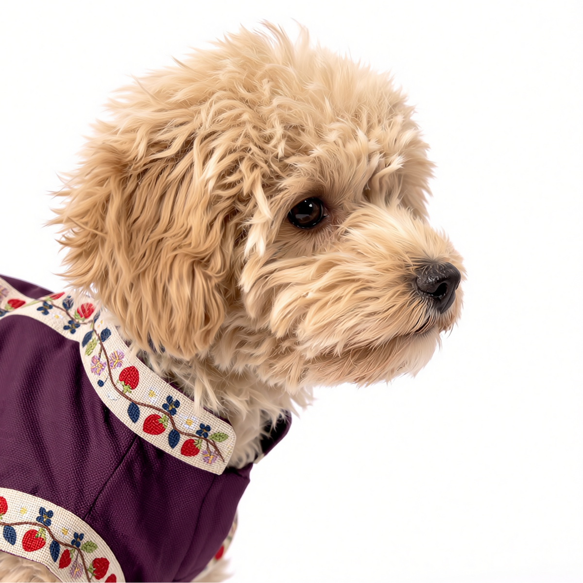 A small fluffy tan dog shown in profile wearing a purple pet dress with embroidered strawberry trim, photographed on a clean white background.